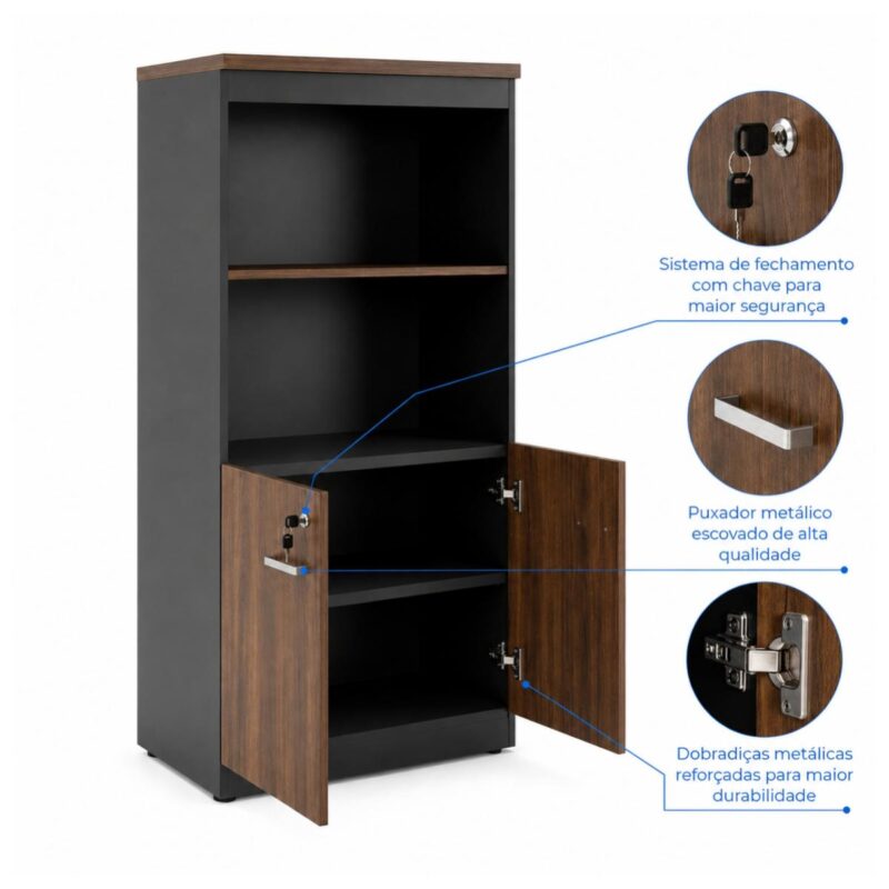 Móveis para Escritório Armário Alto SEMI-ABERTO com 02 Portas - 1,60x0,80x0,45m - WORKSTART - MARSALA / PRETO - 51014