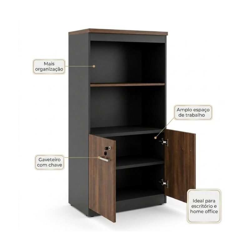 Móveis para Escritório Armário Alto SEMI-ABERTO com 02 Portas - 1,60x0,80x0,45m - WORKSTART - MARSALA / PRETO - 51014