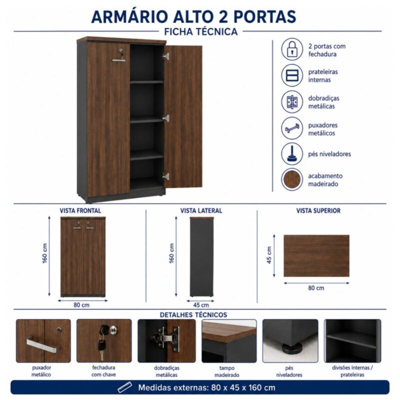 Móveis para Escritório Armário Alto Escritório 2 Portas com Chave 160cm