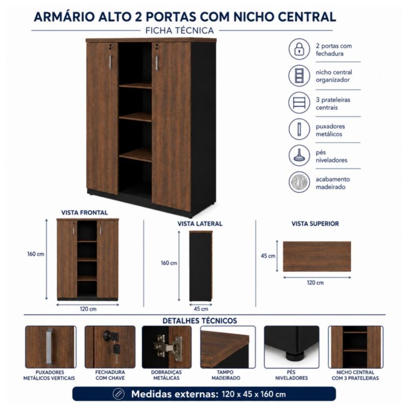 Móveis para Escritório Armário Escritório 2 Portas com Chave e Nicho Central