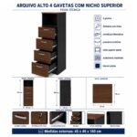 Móveis para Escritório Arquivo Alto 4 Gavetas com Nicho para Escritório