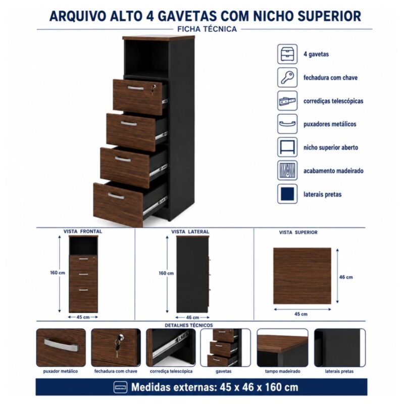 Móveis para Escritório Arquivo Alto 4 Gavetas com Nicho para Escritório