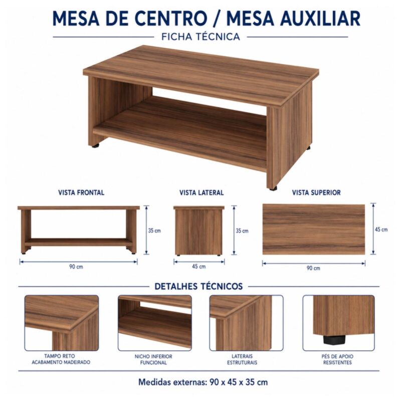 Móveis para Escritório Mesa de Centro 0,90x0,50x0,35m - Nogal Sevilha - 21431