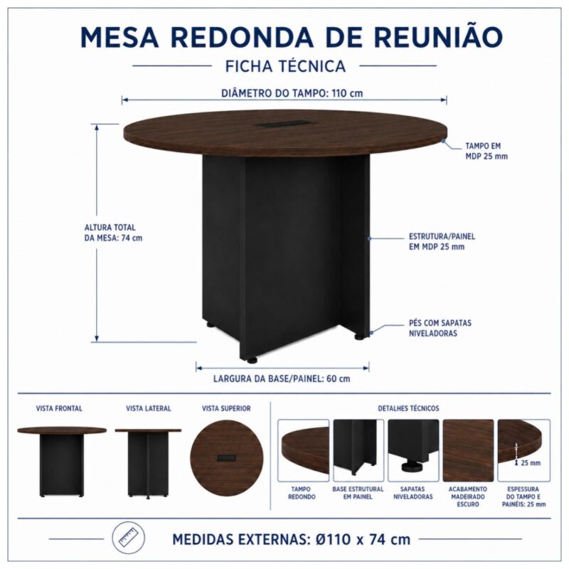 Móveis para Escritório Mesa Redonda de Reunião 110cm MDP para Escritório