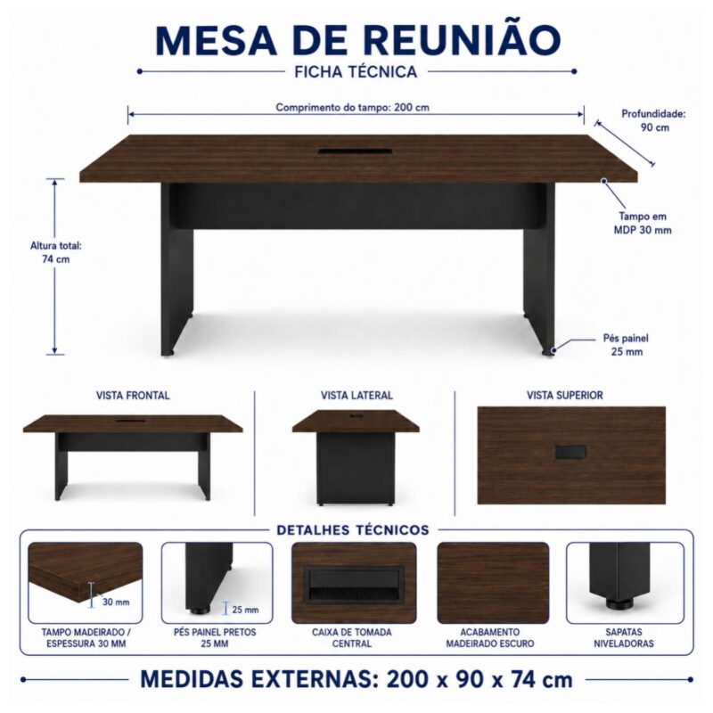 Móveis para Escritório Mesa de Reunião 200x90 MDP 30mm para Escritório