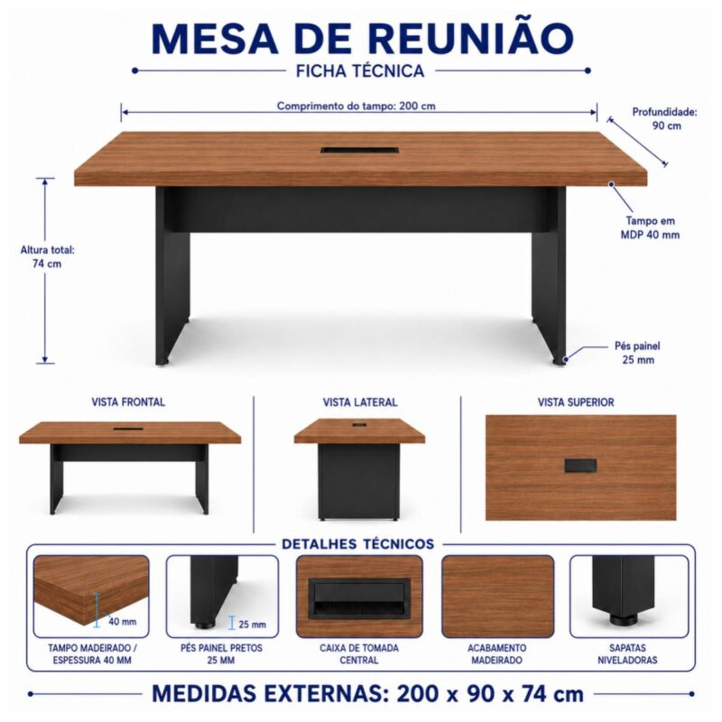 Móveis para Escritório Mesa de Reunião 200x90 Tampo 40mm para Escritório