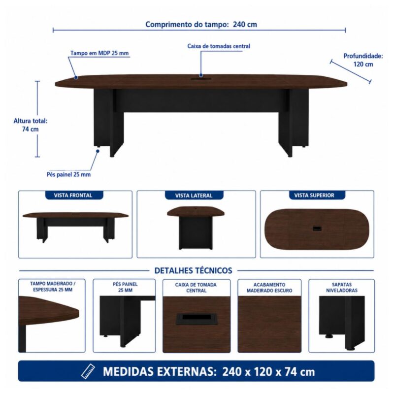 Móveis para Escritório Mesa de Reunião 240 cm com Caixa de Tomadas