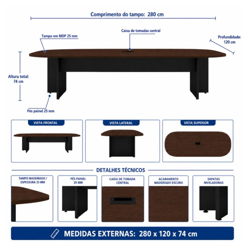 Móveis para Escritório Mesa de Reunião 280 cm com Caixa de Tomadas