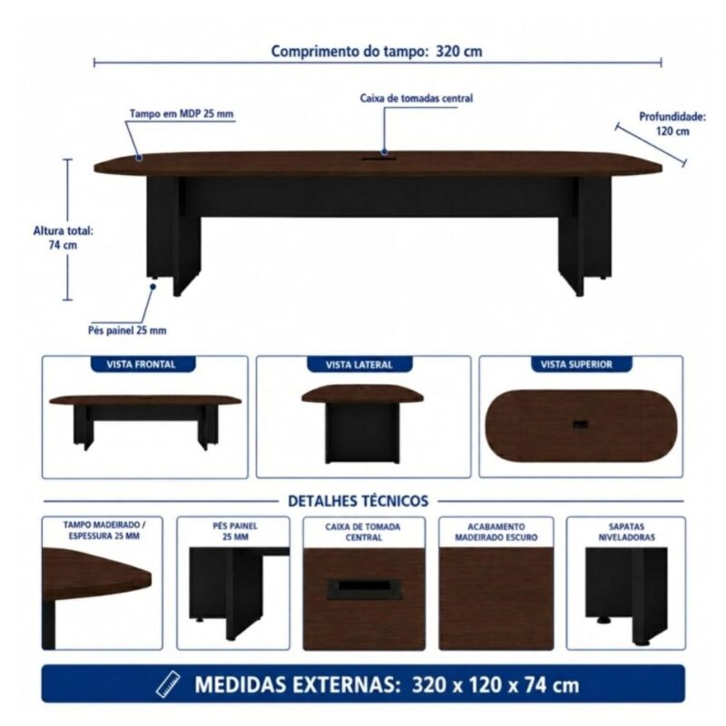 Móveis para Escritório Mesa de Reunião 320 cm com Caixa de Tomadas