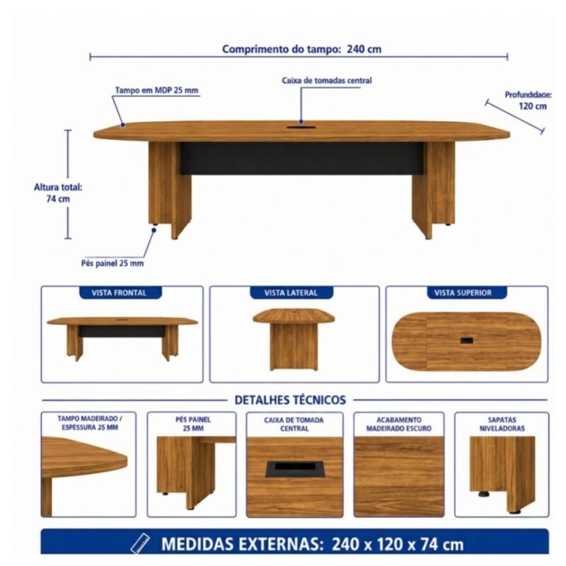 Móveis para Escritório Mesa de Reunião Diretoria  BOTE - 2,40x1,20m - Sevilha / Preto - 22015