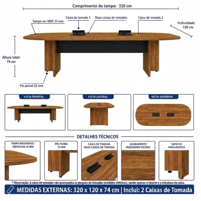 Móveis para Escritório Mesa de Reunião Diretoria BOTE - 3,20x1,20m - Sevilha / Preto - 22017