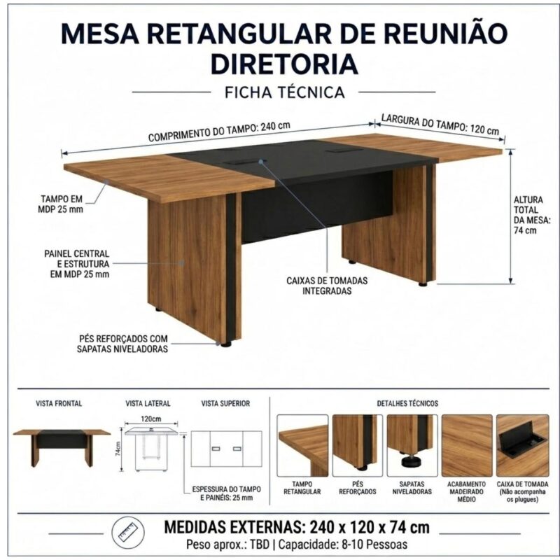 Móveis para Escritório Mesa de Reunião 240 cm Diretoria com Caixa de Tomadas