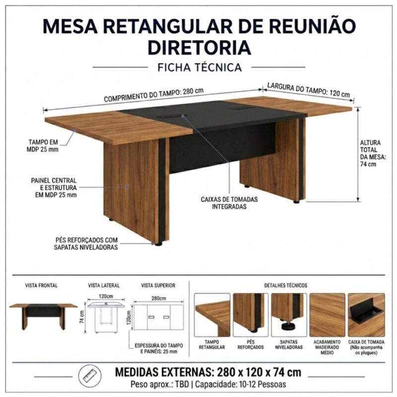 Móveis para Escritório Mesa de Reunião 280 cm com Caixa de Tomadas