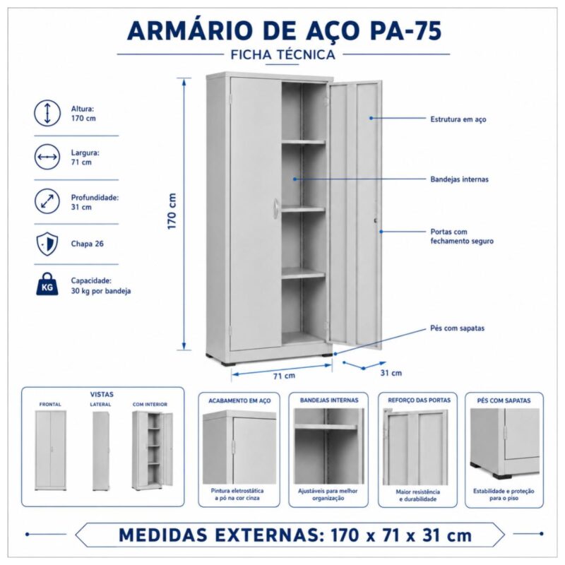 Armário de Aço PA-75 com 3 Prateleiras 170 cm