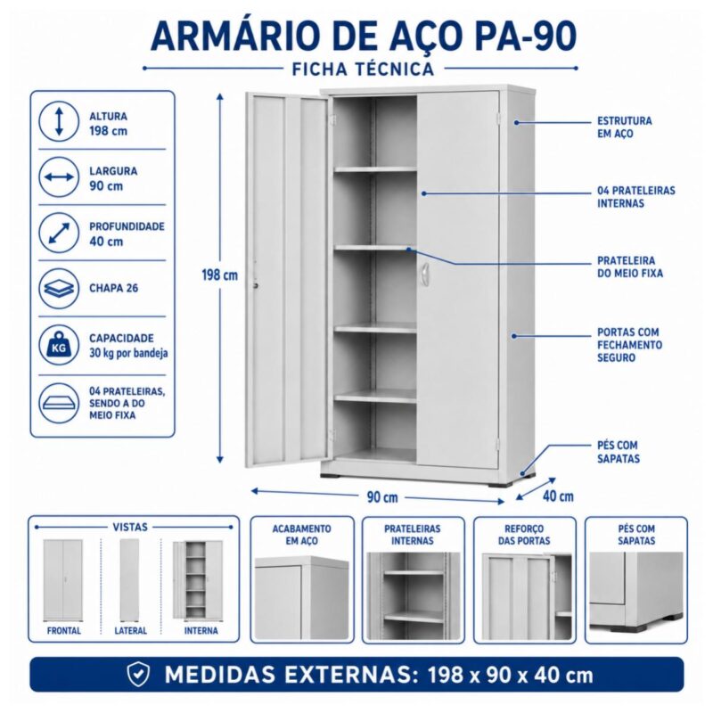 Armário de Aço PA-90 Chapa 26 com 4 Prateleiras