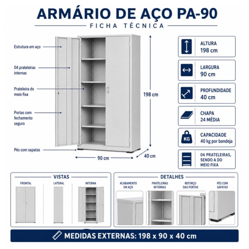 Armário de Aço PA-90 Chapa 24 com 4 Prateleiras