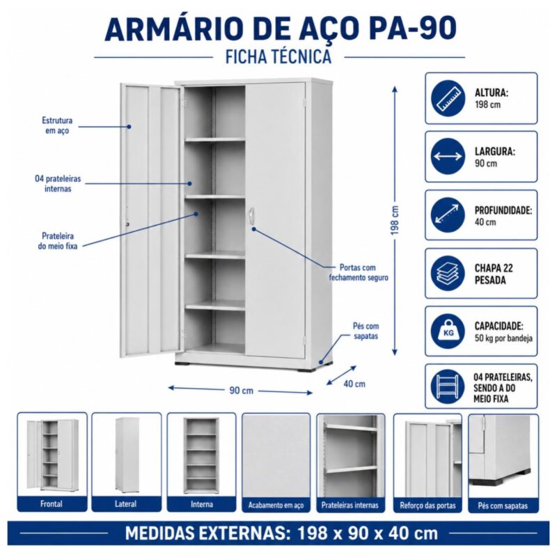 Armário de Aço PA-90 Chapa 22 com 4 Prateleiras