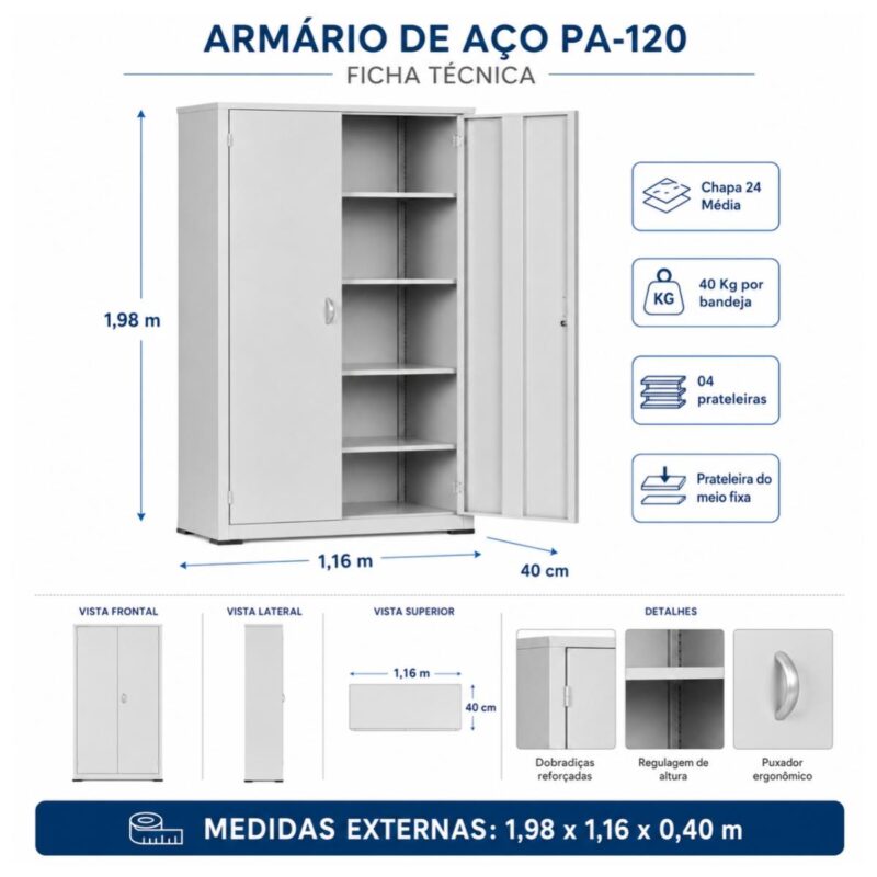 Armário de Aço PA-120 Chapa 24 com 4 Prateleiras