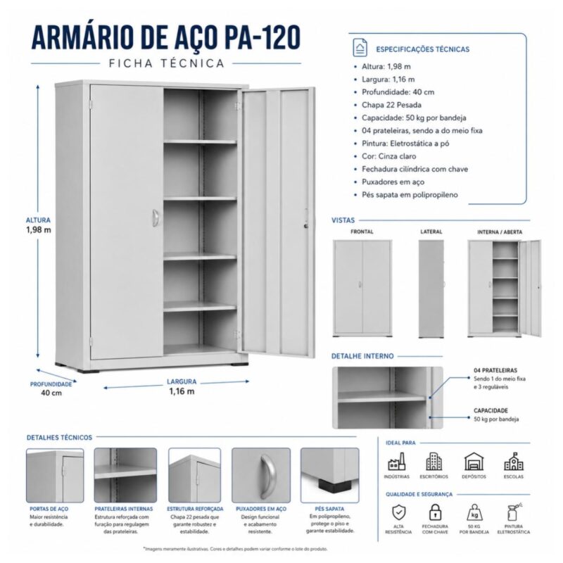 Armário de Aço PA-120 Chapa 22 com 4 Prateleiras