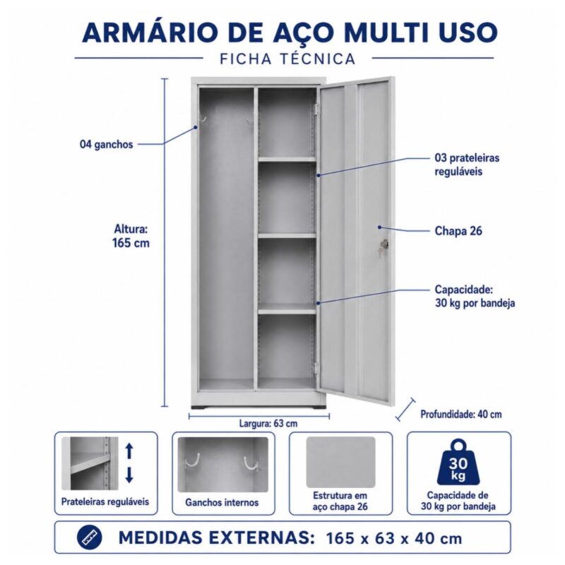Armário Multiuso de Aço com Chave e 3 Prateleiras
