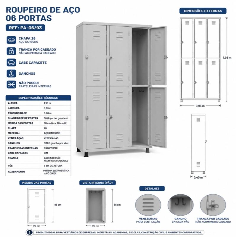 Roupeiro de Aço 6 Portas Grandes com Pitão
