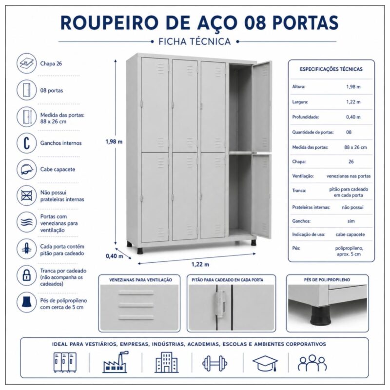 Roupeiro de Aço 8 Portas Grandes com Pitão