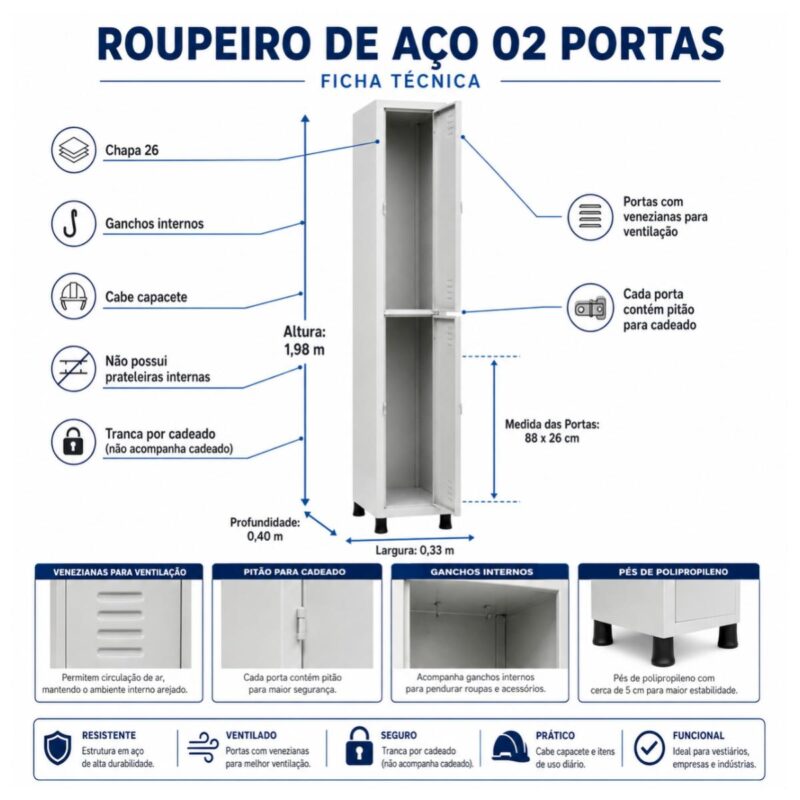 Roupeiro de Aço 2 Portas com Pitão e Ganchos