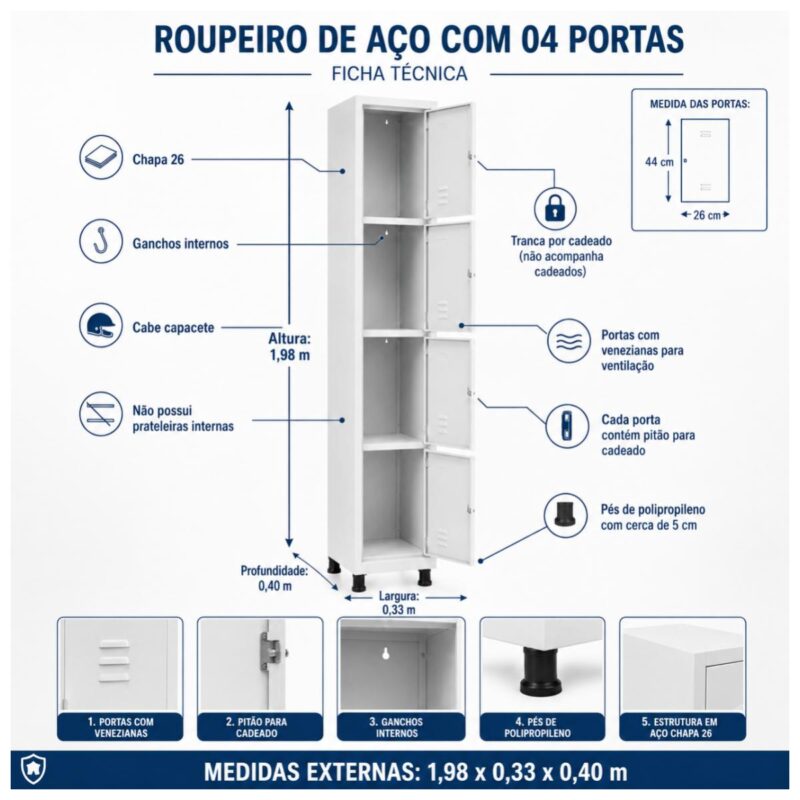 Roupeiro de Aço 4 Portas com Pitão para Cadeado