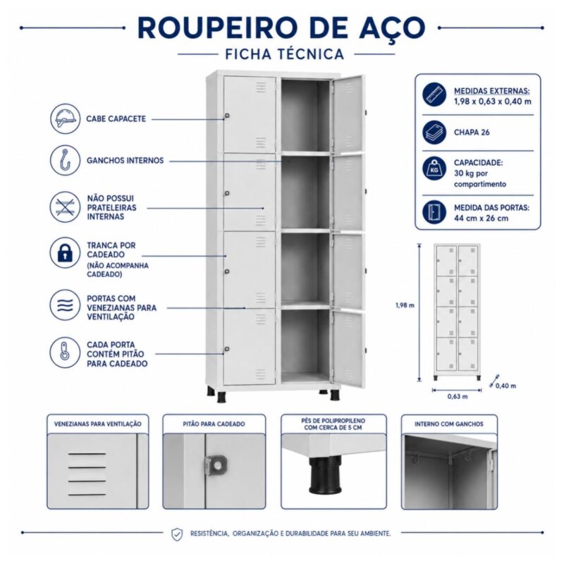 Roupeiro de Aço 8 Portas com Pitão para Cadeado