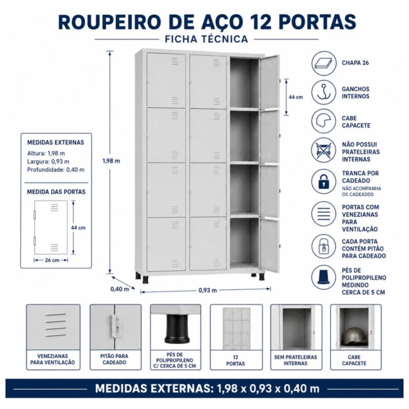 Roupeiro de Aço 12 Portas com Pitão para Cadeado