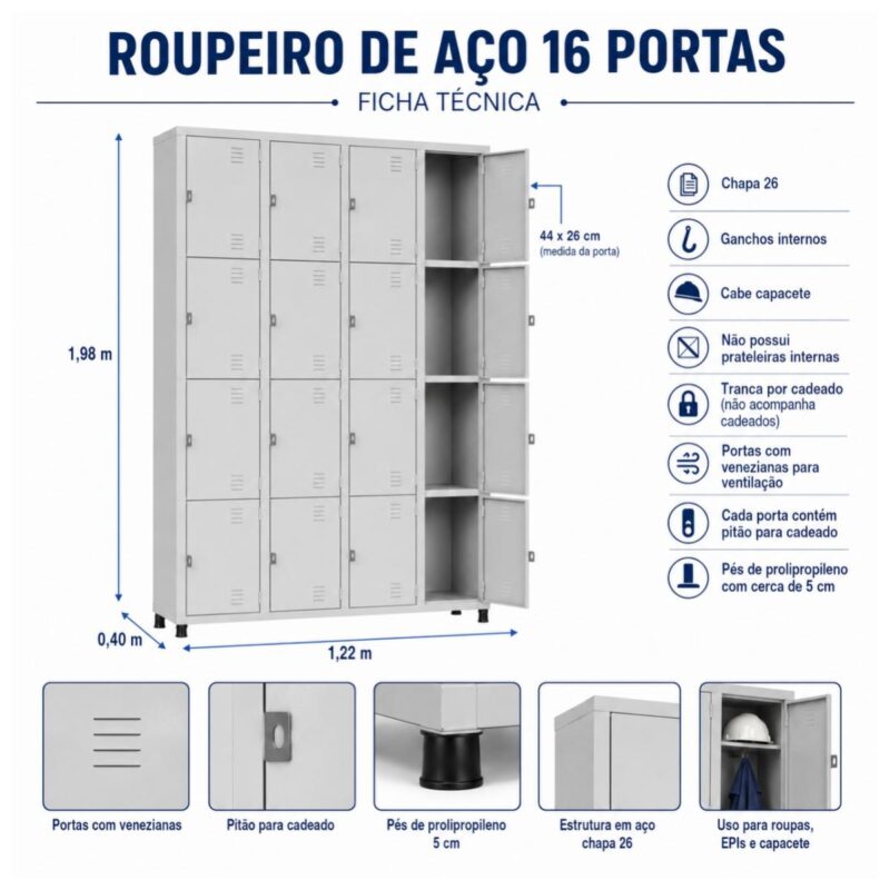 Roupeiro de Aço 16 Portas com Pitão para Cadeado