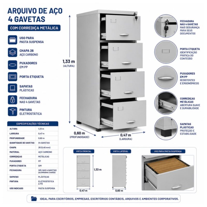 Móveis de Aço para Escritório Arquivo de Aço Chapa 26 com 4 Gavetas Suspensas