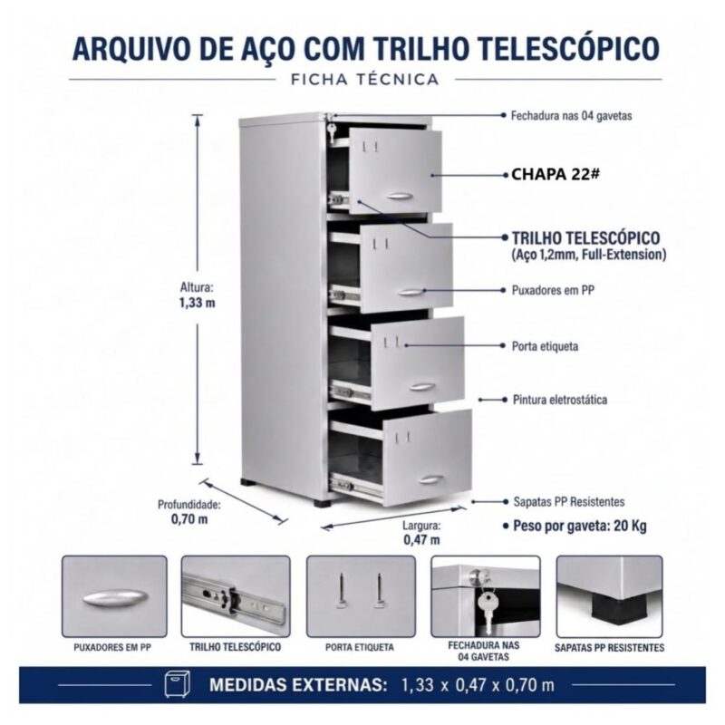 Móveis de Aço para Escritório Arquivo de Aço Chapa 22 com 4 Gavetas Telescópicas
