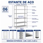 Estante de Aço 1,98x0,92x0,40 m com 6 Prateleiras Reguláveis 50Kg