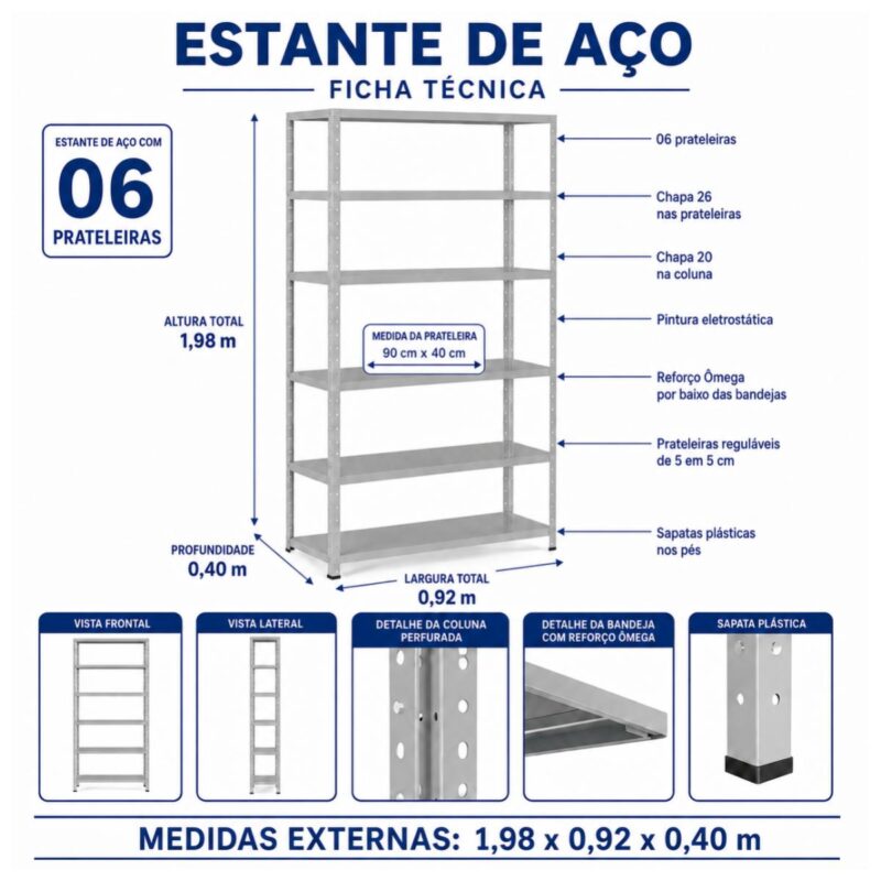 Estante de Aço 1,98x0,92x0,40 m com 6 Prateleiras Reguláveis 50Kg