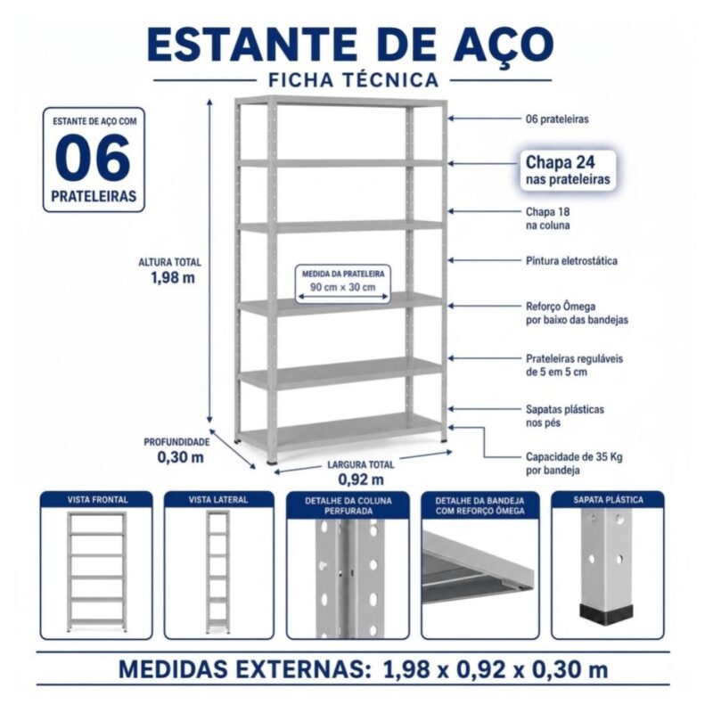 Estante de Aço 1,98×0,92×0,30m com 6 Prateleiras Reguláveis 35kg