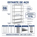 Estante de Aço 1,98x0,92x0,30 m com 6 Prateleiras Reguláveis 50Kg
