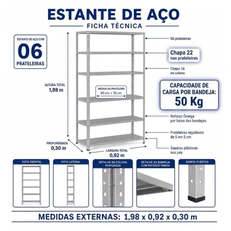 Estante de Aço 1,98x0,92x0,30 m com 6 Prateleiras Reguláveis 50Kg