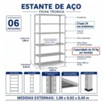 Estante de Aço 1,98x0,92x0,40 m com 6 Prateleiras Reguláveis 35Kg