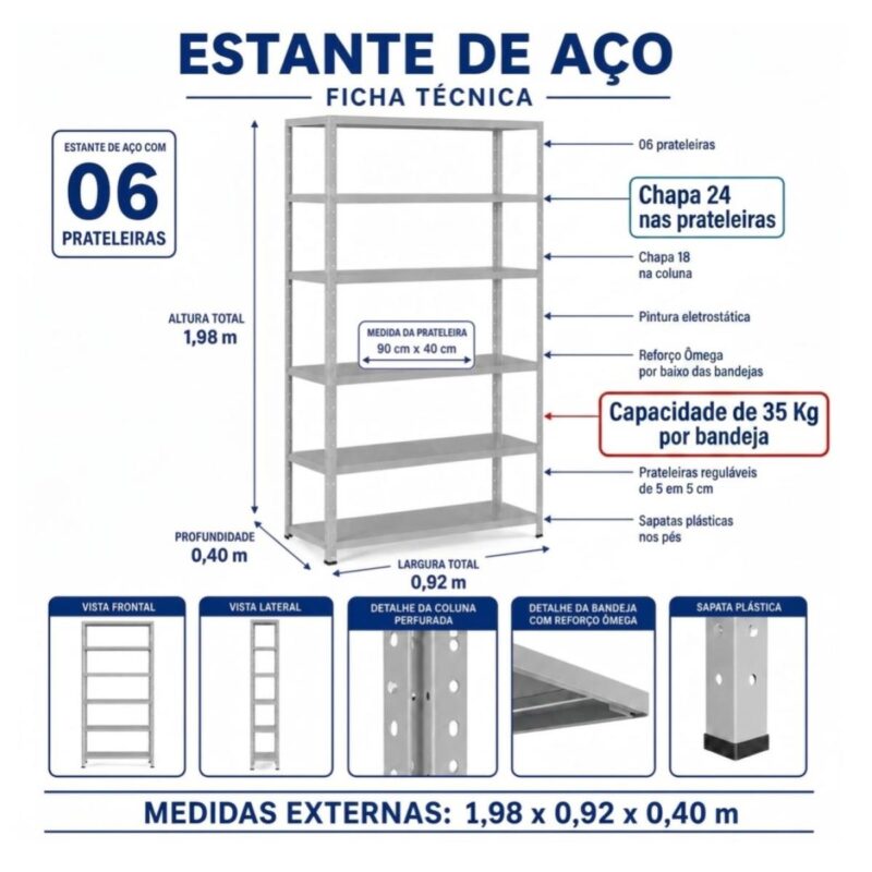 Estante de Aço 1,98x0,92x0,40 m com 6 Prateleiras Reguláveis 35Kg