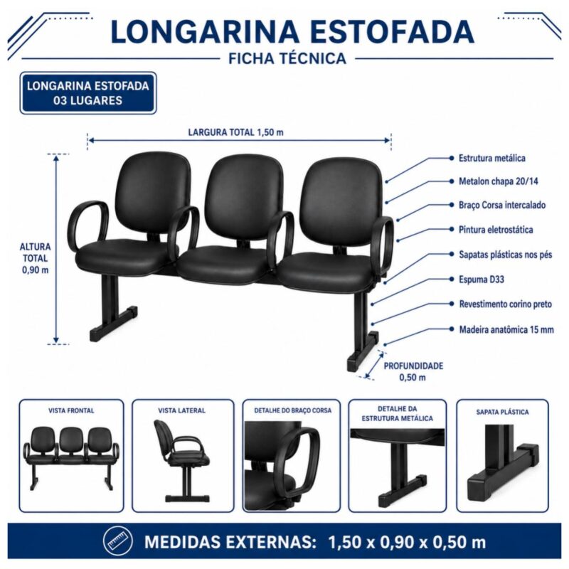 Longarina Estofada de 3 Lugares com Braços