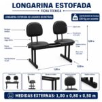 Longarina Estofada de 2 Lugares Preta para Recepção 1,00m