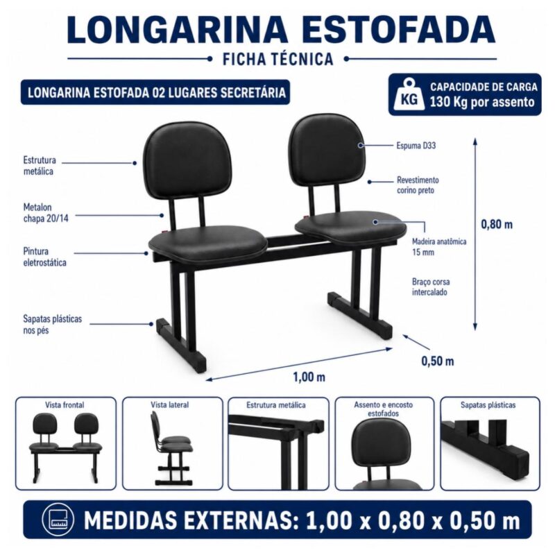 Longarina Estofada de 2 Lugares Preta para Recepção 1,00m
