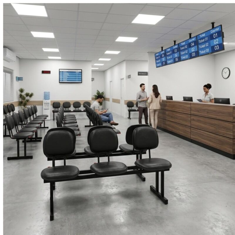Longarina Estofada 3 Lugares Preta para Recepção 1,50m