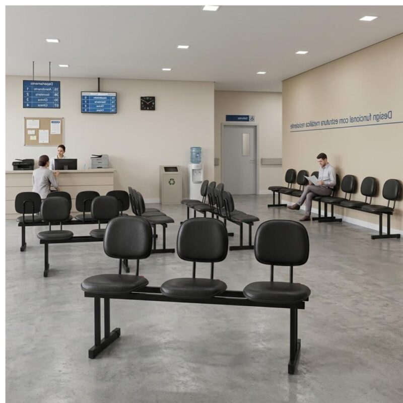 Longarina Estofada 3 Lugares Preta para Recepção 1,50m