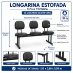 Longarina Estofada 3 Lugares Preta para Recepção 1,50m