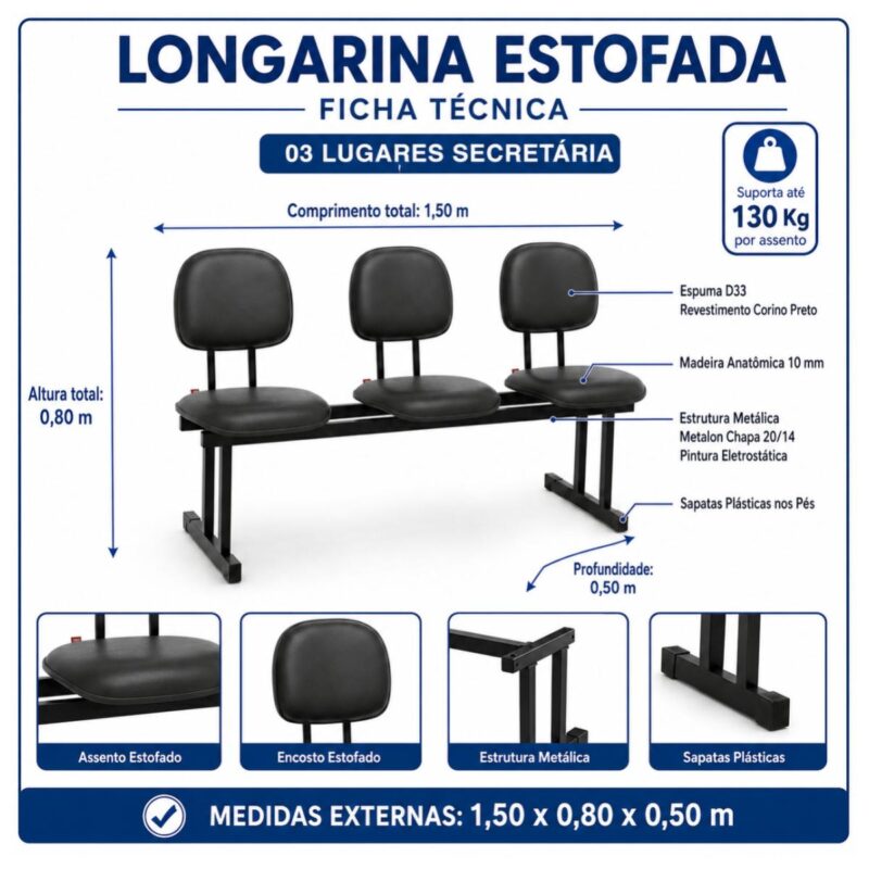 Longarina Estofada 3 Lugares Preta para Recepção 1,50m