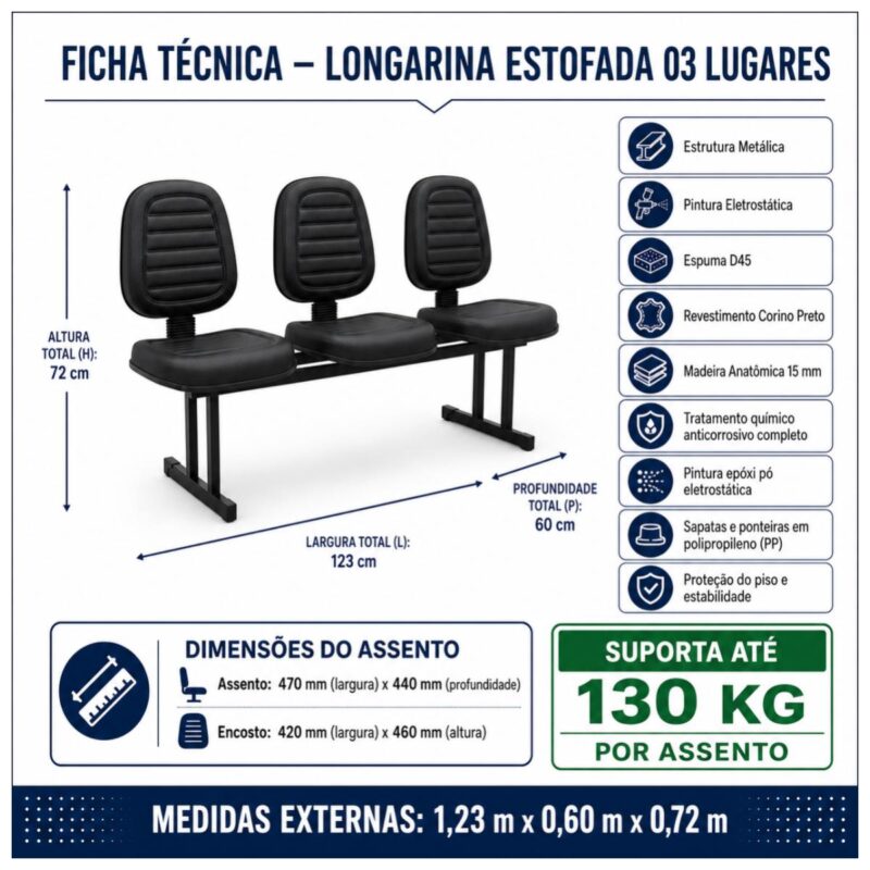 Longarina Estofada 3 Lugares para Recepção