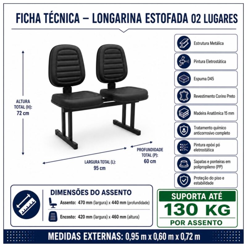 Longarina Estofada 2 Lugares para Recepção