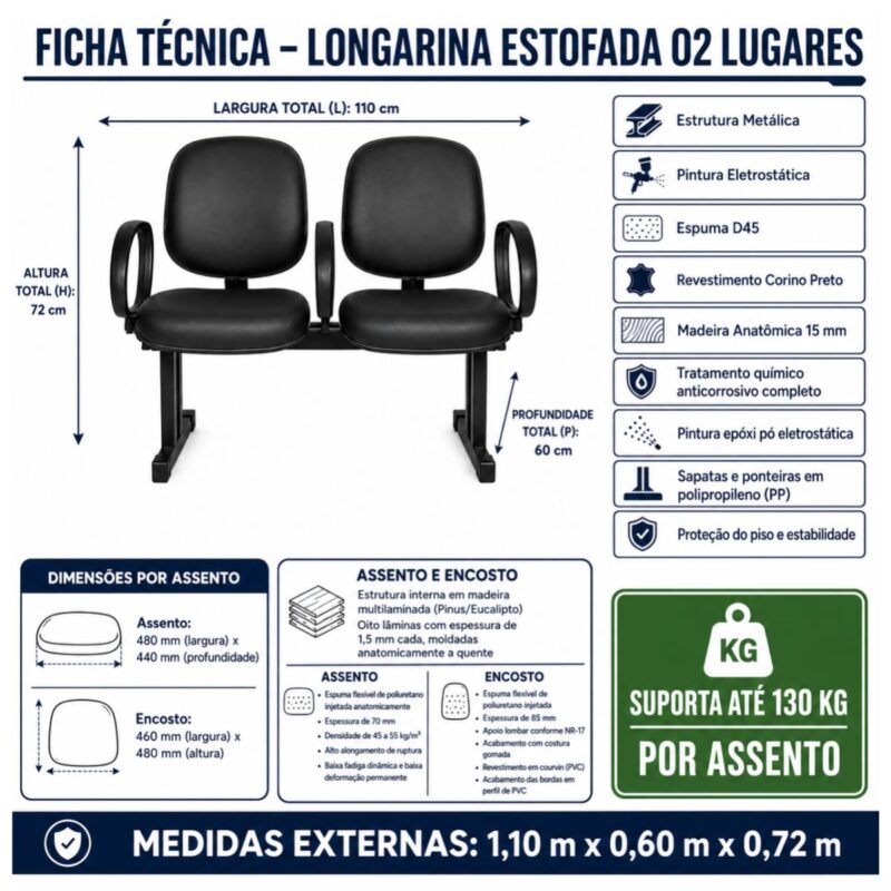 Longarina Estofada 2 Lugares com Braços para Recepção